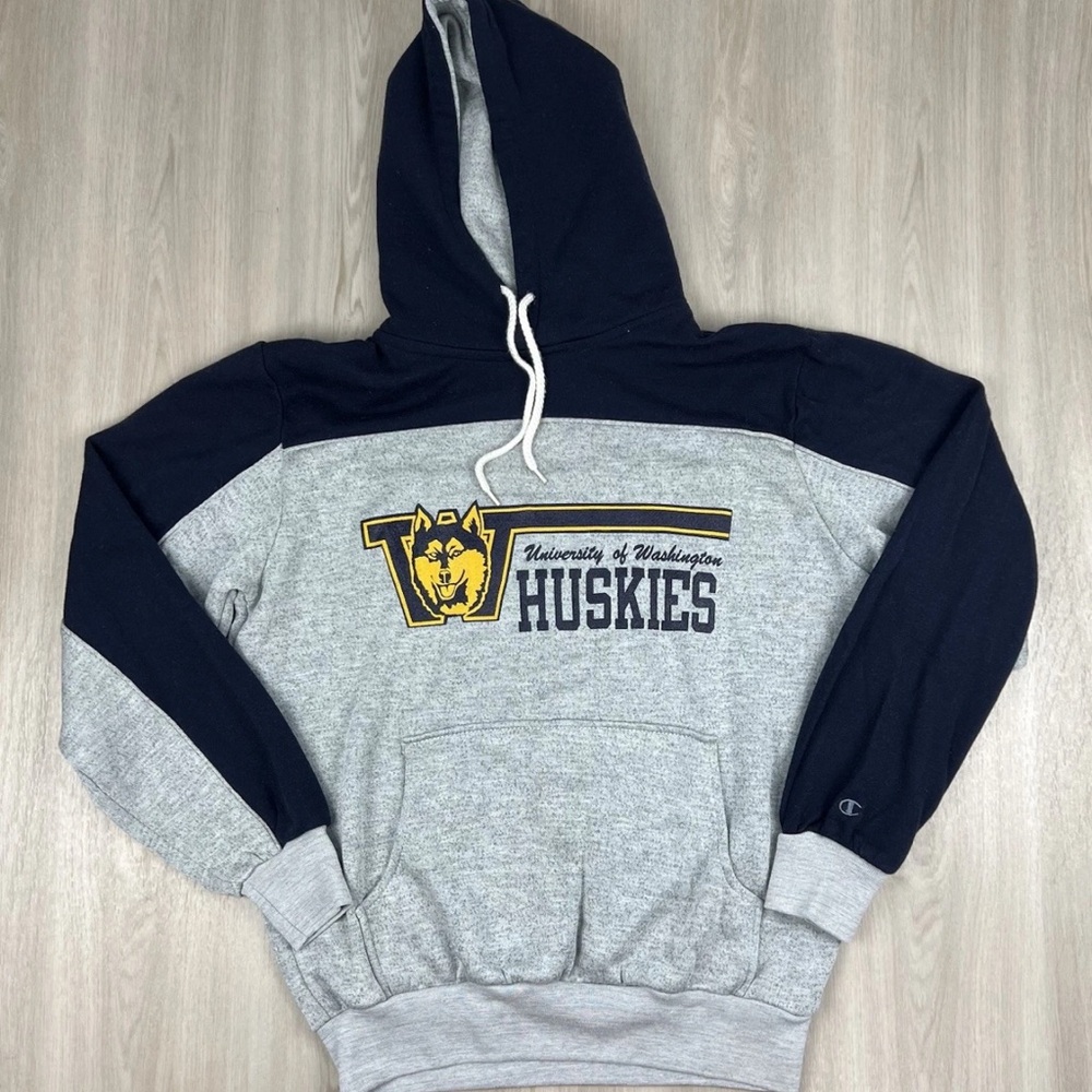VTG Washington Huskies Champion Hoodie Screen Print Sweatshirt Large Colorblock